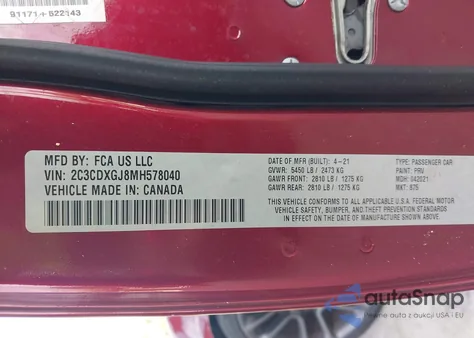 2021 Dodge Charger Scat Pack z USA, uszkodzony, nr VIN 2C3CDXGJ8MH578040